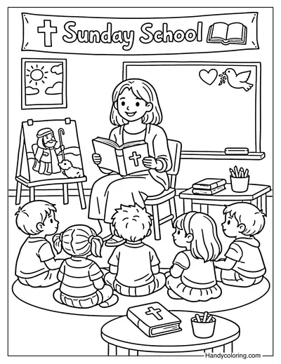 Teacher and Children in Sunday School Classroom