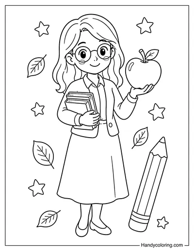 Teacher Holding a Big Apple and Books