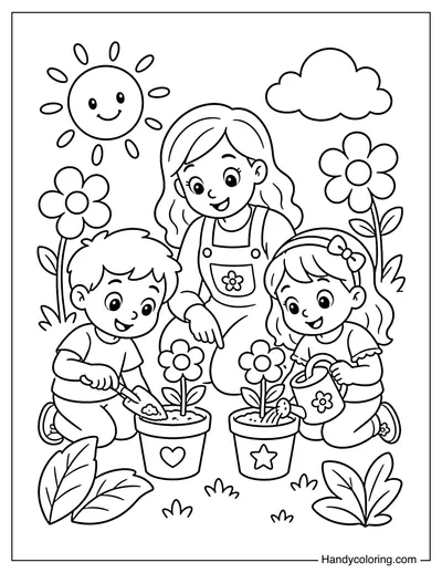 Teacher Leading Students in Planting Flowers