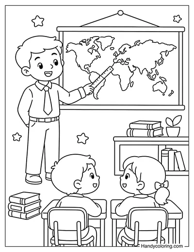 Teacher Pointing to a World Map