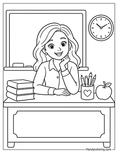 Teacher Sitting at Desk with School Supplies