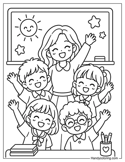 Teacher Standing with a Happy Class Group