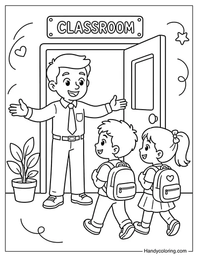 Teacher Welcoming Students at Classroom Door