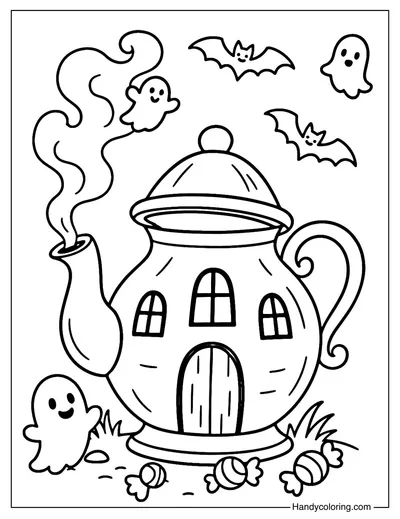Teapot Haunted House Coloring Page