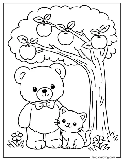 Teddy Bear and Cat with Apple Tree