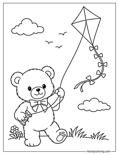 Teddy Bear Flying Kite Coloring Sheet