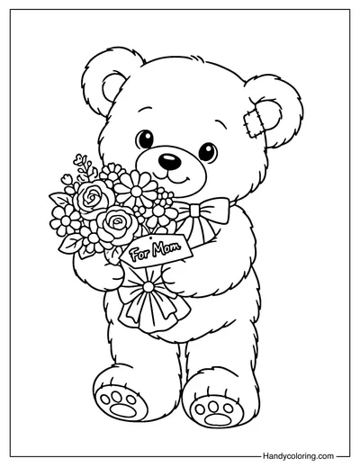 Teddy Bear Holding a Bouquet Flowers for Mother's Day