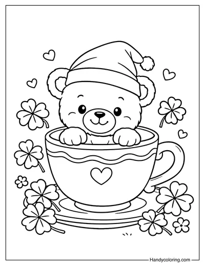 Teddy Bear in Cup with Shamrocks Coloring Page