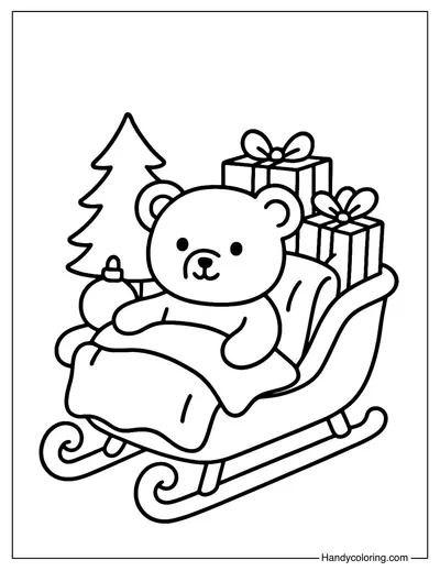 Teddy Bear in Santa Sleigh Coloring Page