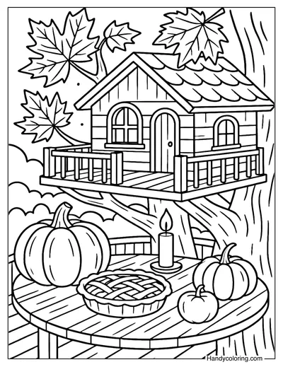 Thanksgiving Feast on a Treehouse Coloring Page