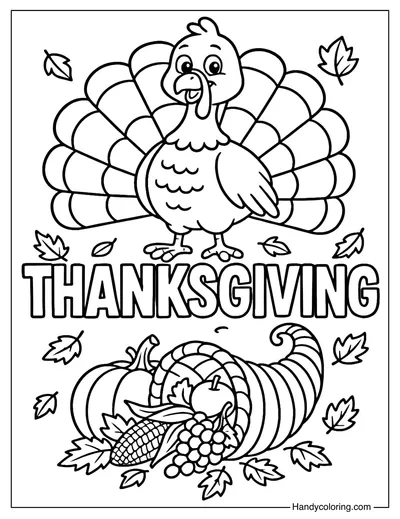 Thanksgiving Turkey and Cornucopia Coloring Page
