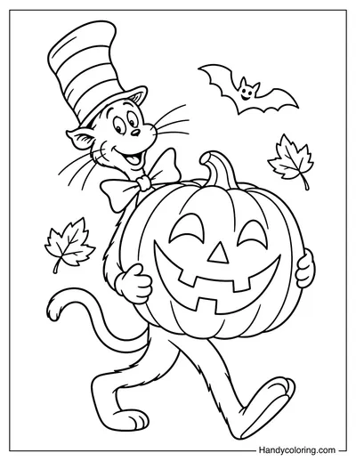 The Cat in the Hat Hugging a Giant Halloween Pumpkin