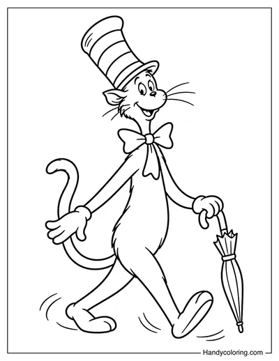 The Cat in the Hat Walking with a Closed Umbrella