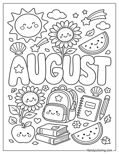 The Word August with Summer Symbols