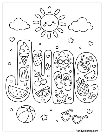 The Word June with Summer Icons