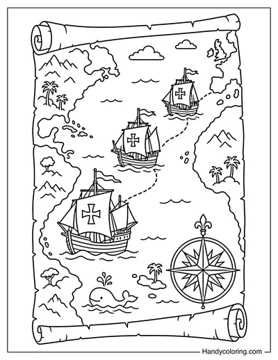 Three Columbus Ships Sailing Across an Old Map