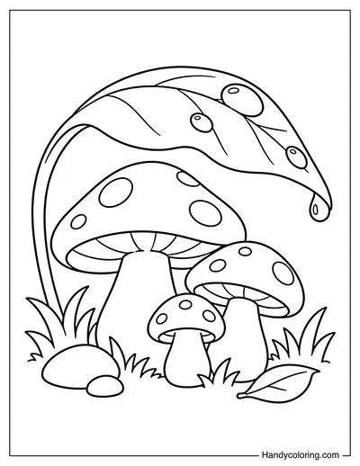 Three Mushrooms Under a Giant Leaf