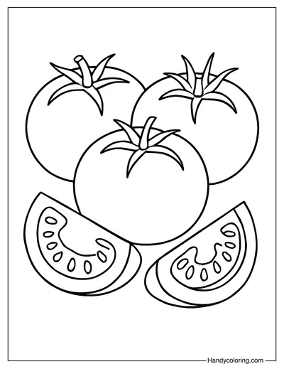 Three Tomatoes with Tomato Slices Coloring Sheet