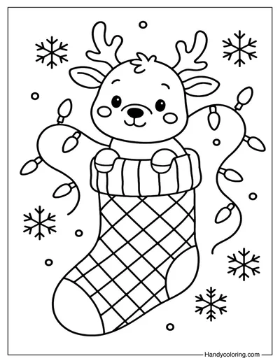 Tiny Reindeer in a Stocking Coloring Page