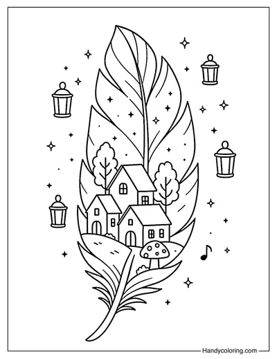 Tiny Village Feather Coloring Page