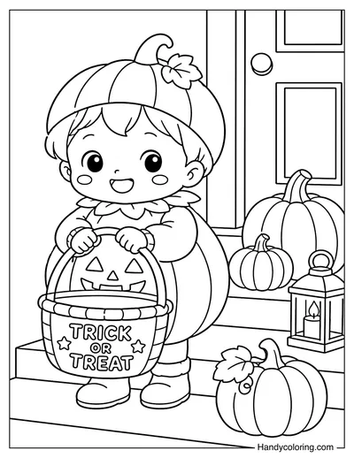 Toddler in Pumpkin Costume Trick or Treating