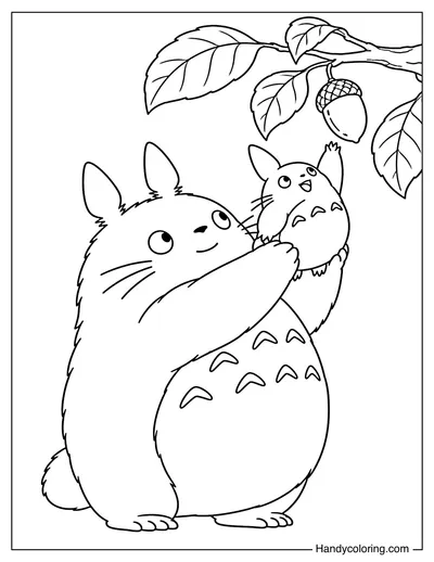 Totoro Helping a Small Totoro Reach an Acorn