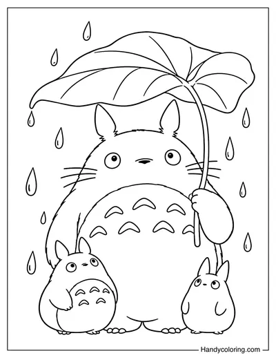Totoro Sheltering Small Totoros with a Giant Leaf