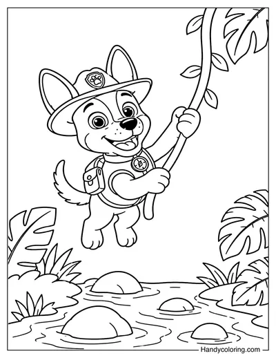 Tracker Swinging Across Jungle Vines