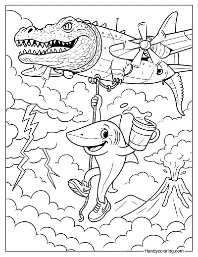 Tralalero Tralala with Bombardiro Crocodilo Coloring Page