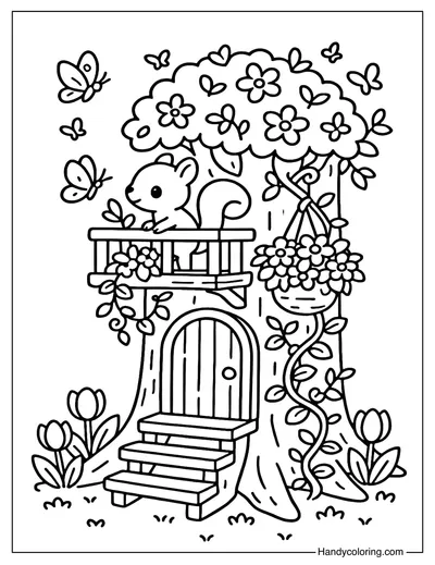 Tree Stump with Flowers Coloring Page