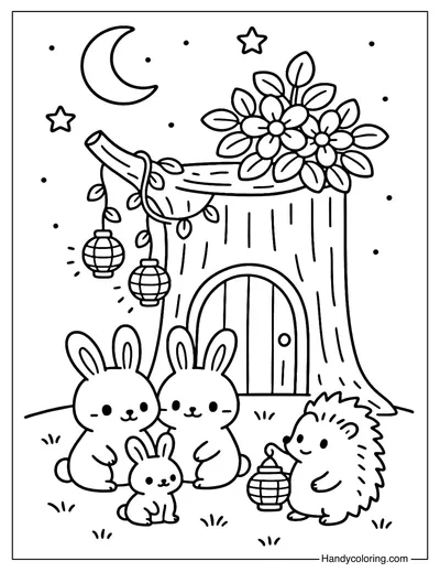 Tree Stump with Lanterns Coloring Page