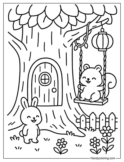 Tree Stump with Swing Coloring Page