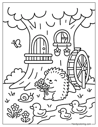 Tree Stump with Water Wheel Coloring Page