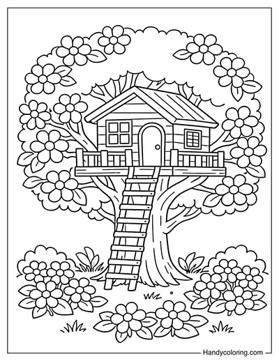 Treehouse Surrounded by Flowers