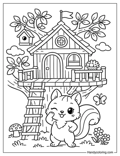 Treehouse with Balcony and Squirrel
