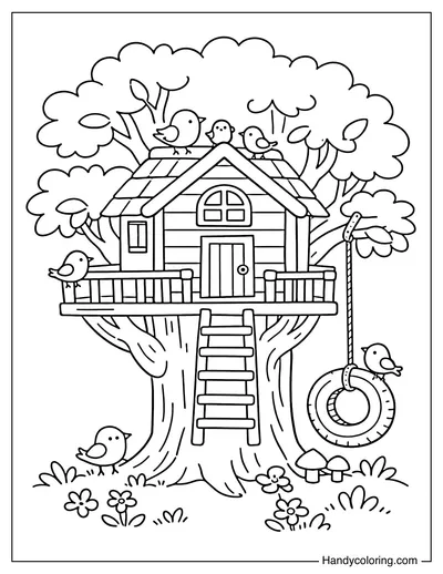 Treehouse with Birds on Roof