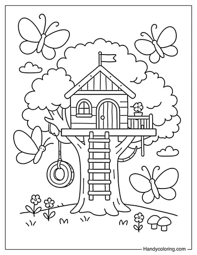 Treehouse with Butterfly Flying Around