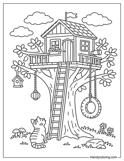 Treehouse with Cat Sitting Below