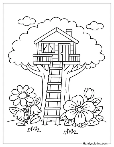 Treehouse with Flowers Around Tree