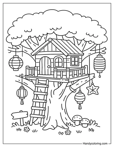 Treehouse with Hanging Lanterns