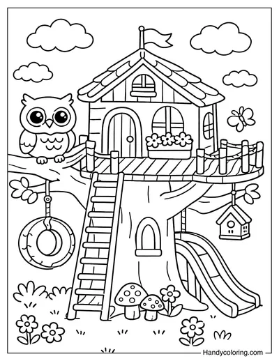 Treehouse with Owl on Branch