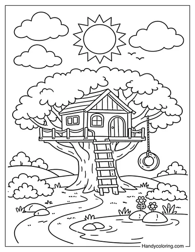 Treehouse with Sun and Clouds