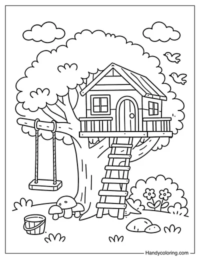 Treehouse with Swing Hanging from Branch