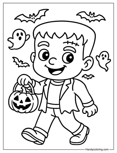 Trick or Treat Frankenstein Coloring Page