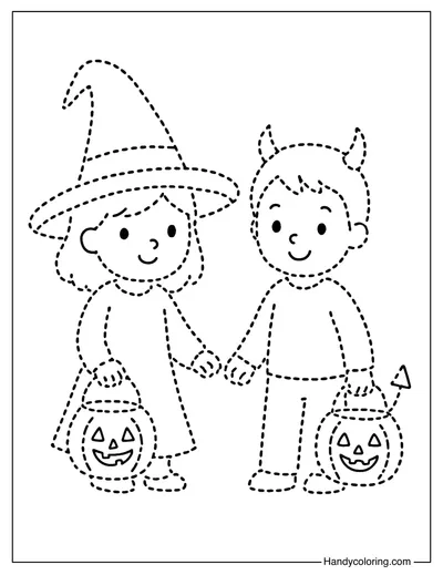 Trick or Treat Kids Tracing Coloring Page