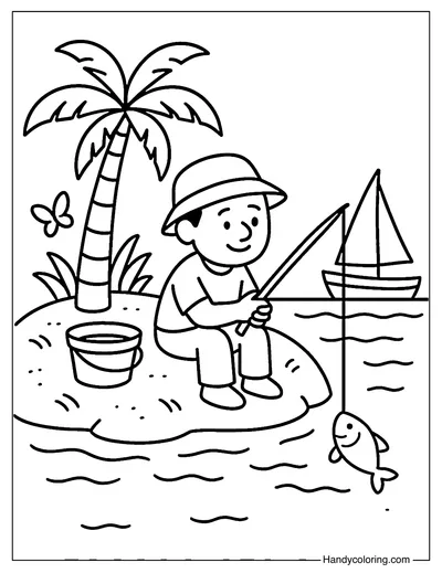 Tropical Fishing Island Coloring Page