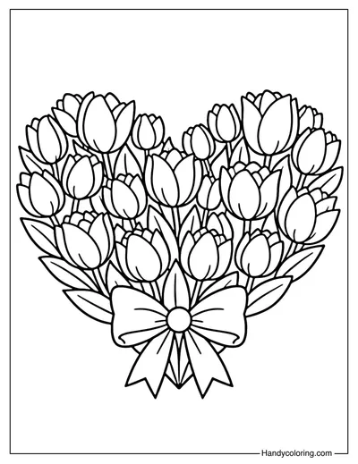 Tulip Heart with Bow Coloring Page