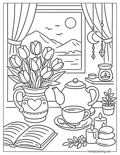 Tulip Tea Time Coloring Page