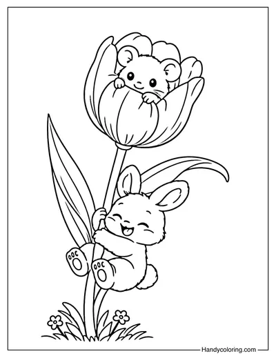 Tulip with Cute Bunny and Mouse Coloring Page
