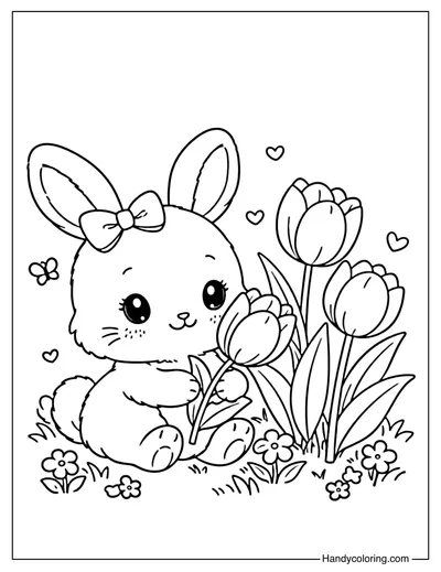 Tulips and Bunny Coloring Page